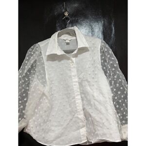 HM White Swiss Dot Sheer Puff Sleeve Button Down Blouse XL Romantic Chic Top